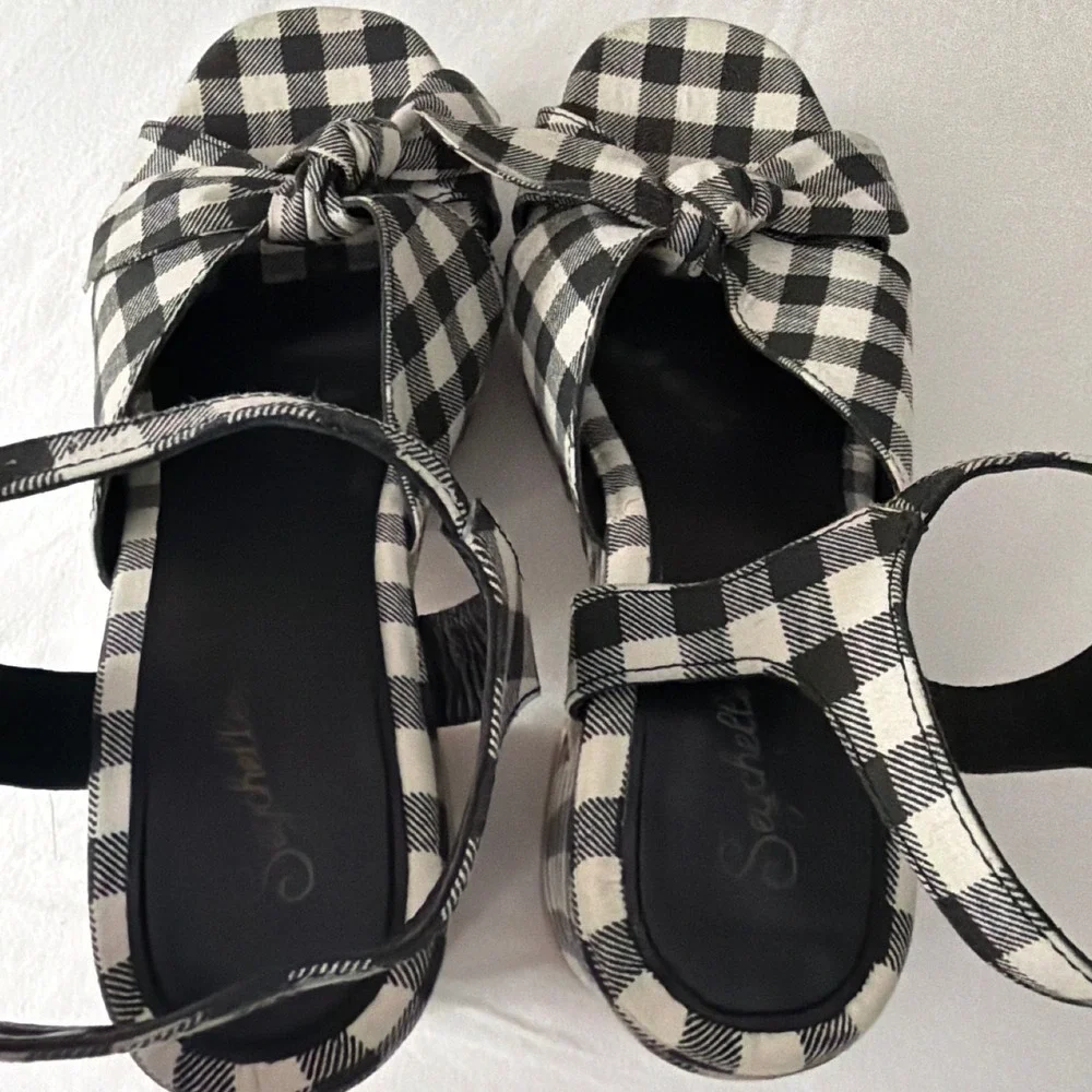 Seychelles New American Black White Gingham Platform Sandals Bow Block Heel 10